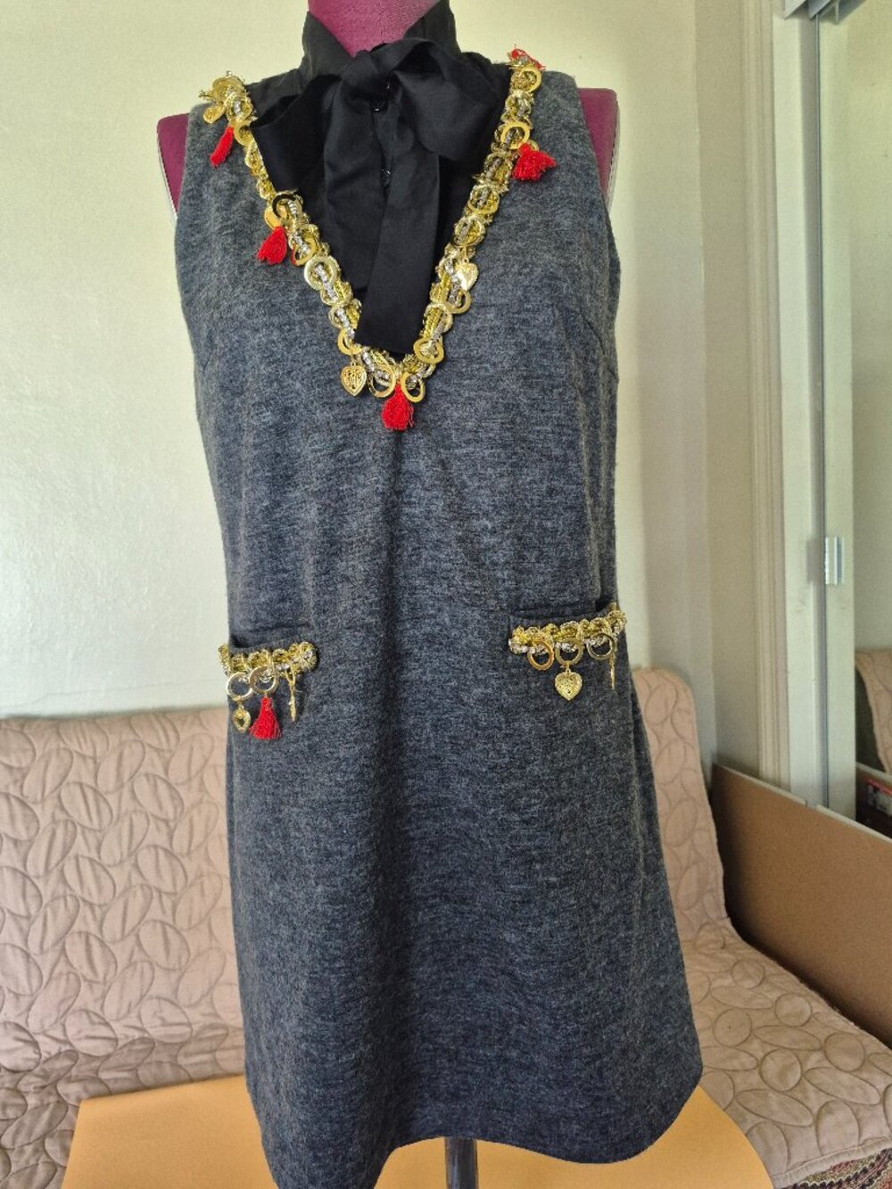 MANOUSH Charcoal Wool Blend Shift Dress Gold Chain Heart Charms Tassels Silk Bow